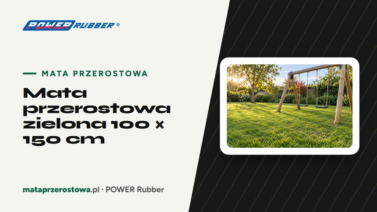 Zielona mata przerostowa 100 × 150 cm na trawniku, po zarośnięciu niewidoczna w trawie — POWER Rubber