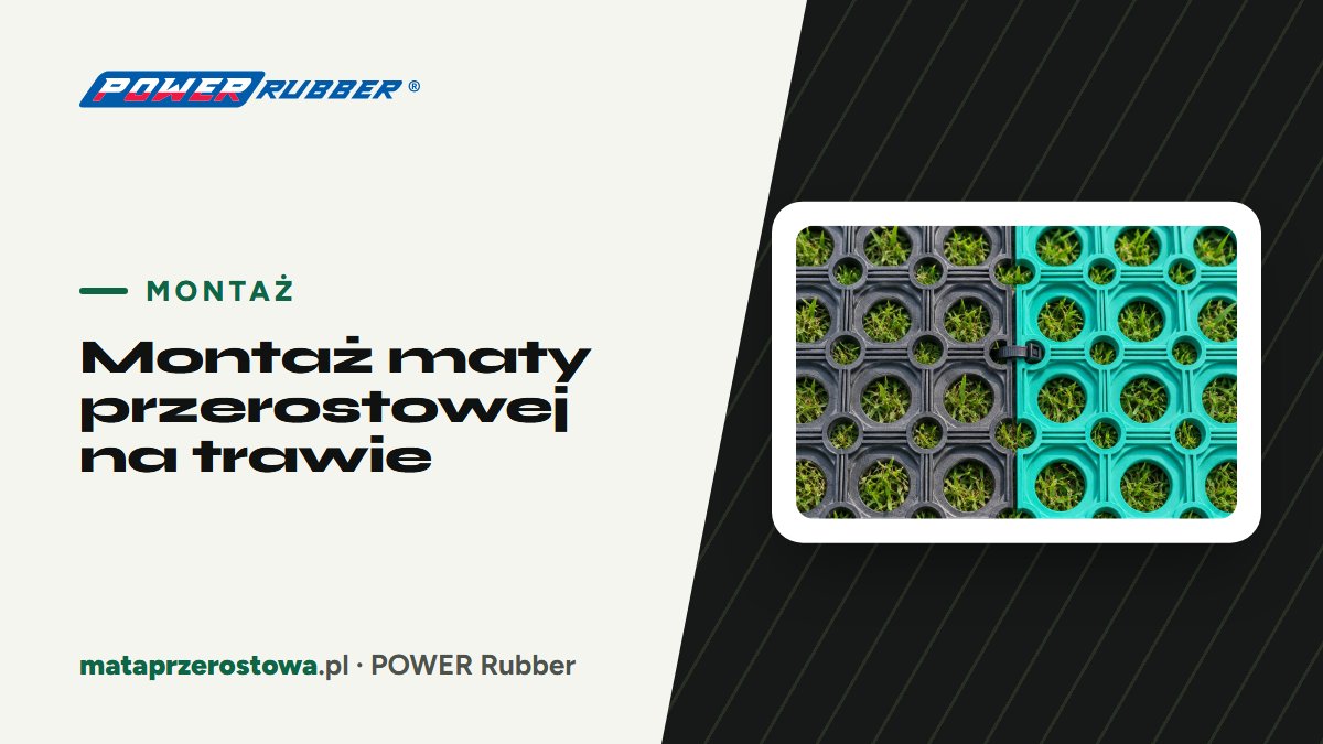 Maty przerostowe ułożone na trawniku i przypięte kołkami, trawa wrasta w otwory — POWER Rubber